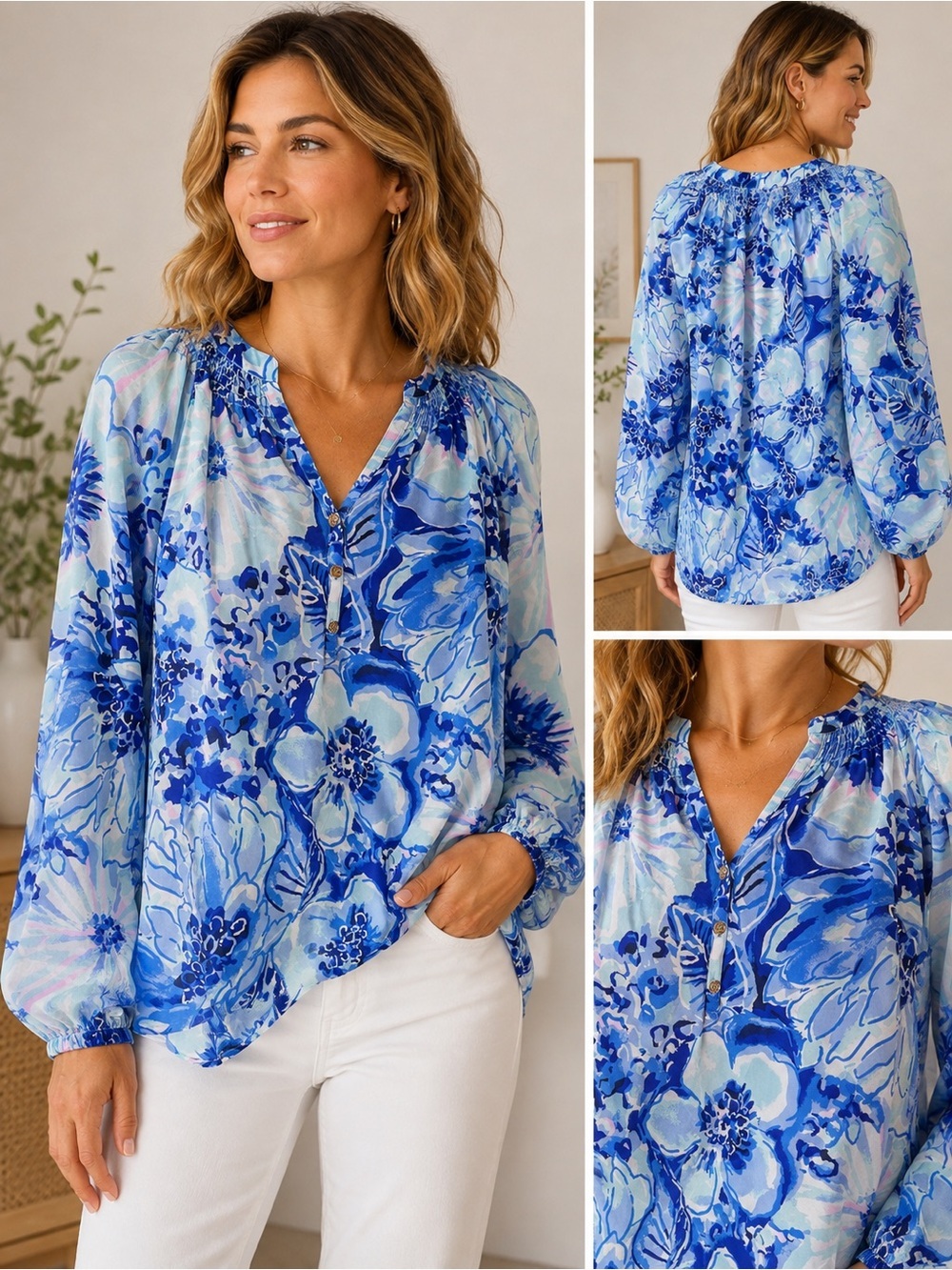 Lilly Pulitzer Elsa 100% Silk Blue Floral Blouse Gold Buttons Size L
